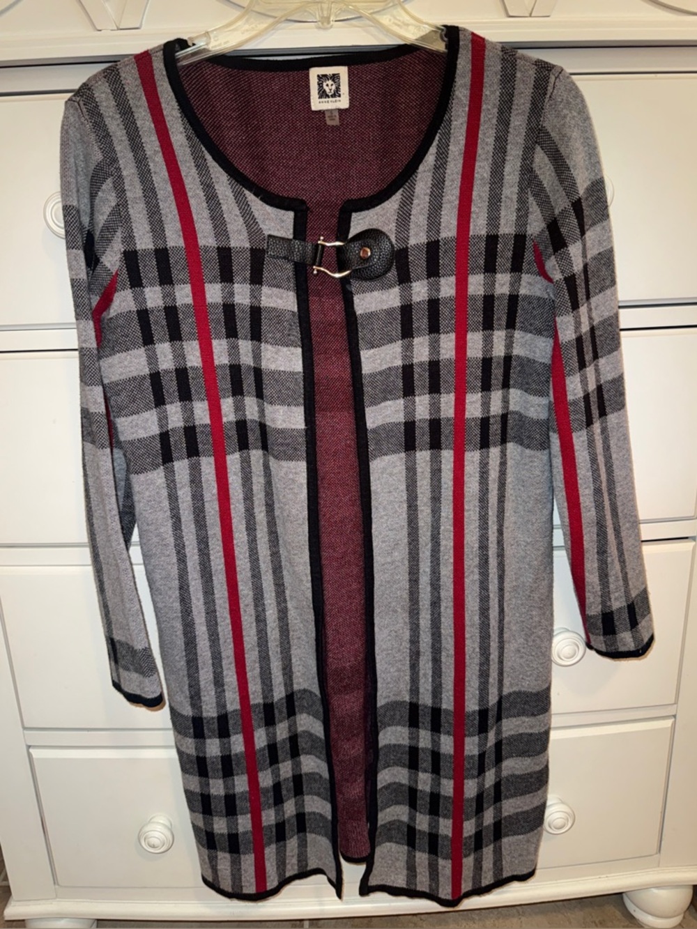 Anne Klein long plaid Cardigan with  a faux leather clasp closure Small